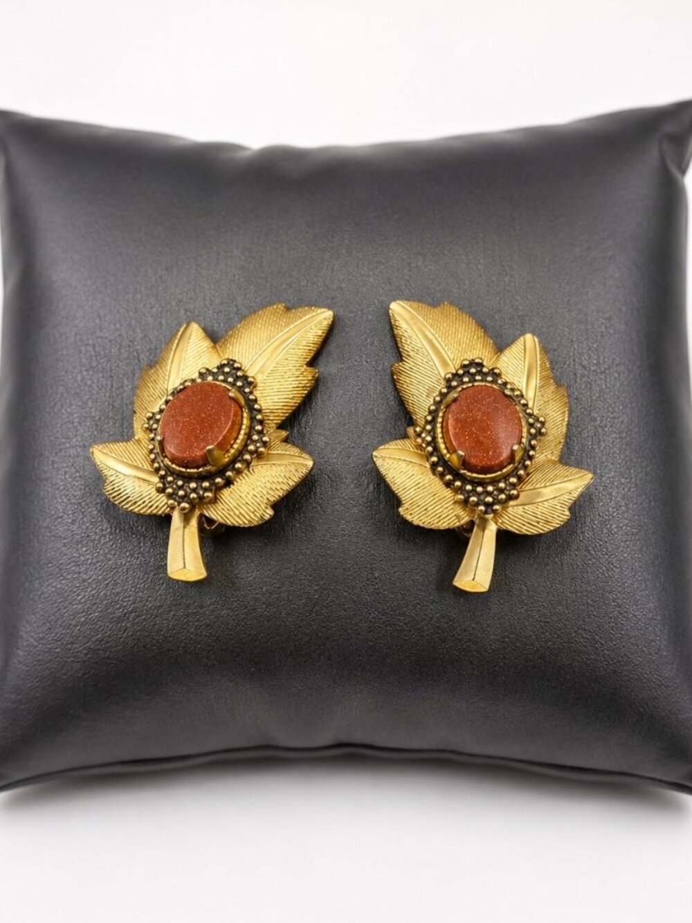 Vintage Gold Tone Leaf Clip-On Earrings w/ Goldstone Cabochons